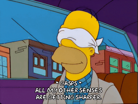 Homer Simpson blindfolded in a car saying "GASPS All my other senses are getting sharper."