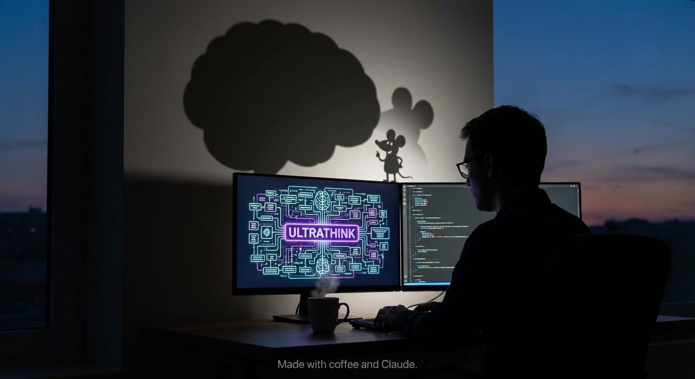 Shows a programmer sitting at their desk with "ultrathink" on the screen. Above the screen is a mouse, behind that mouse is the mouses shadow, and the shadow of a brain.