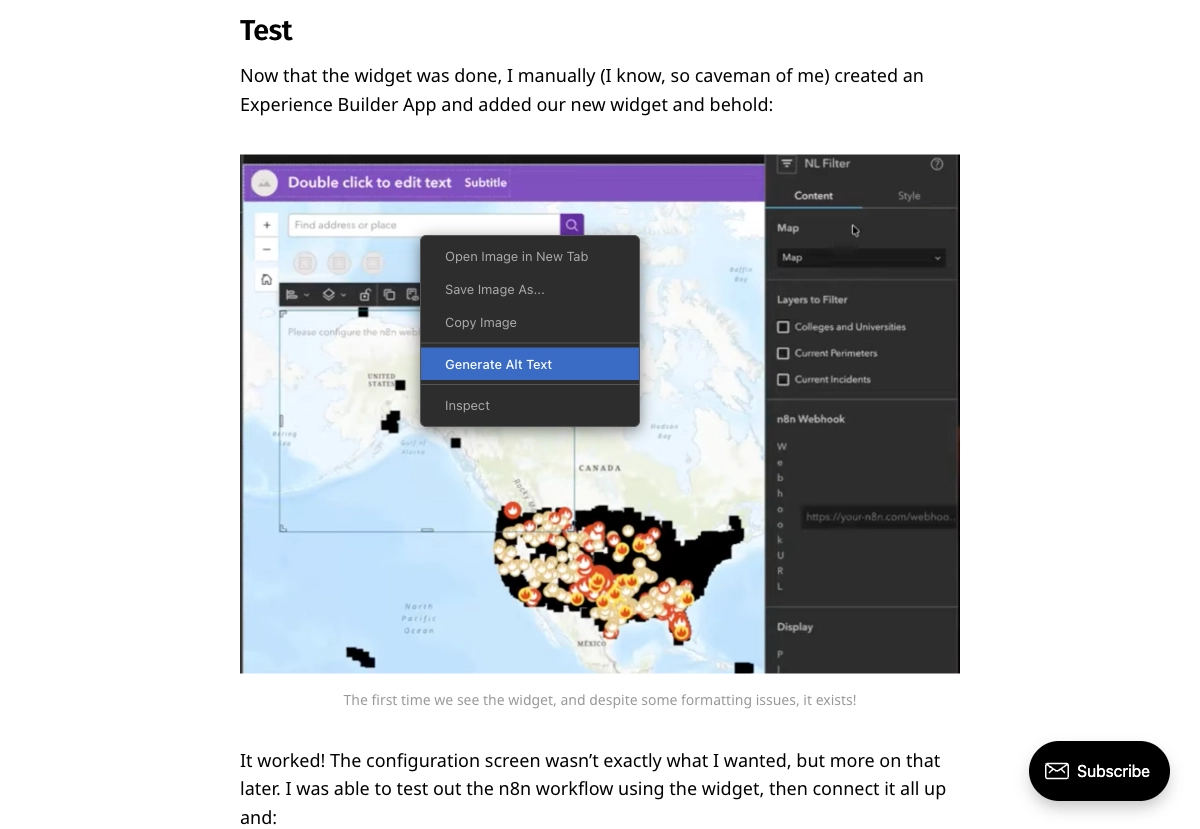 Experience Builder interface showing the custom NL Filter widget successfully integrated into a mapping application, with a right-click context menu displaying the "Generate Alt Text" option highlighted in blue among other image interaction options.