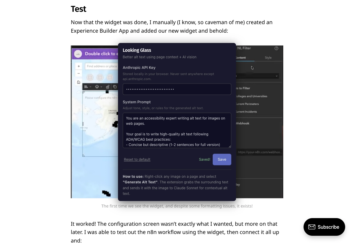The Looking Glass settings page showing the Anthropic API key, the system prompt and some brief instructions on how to use the extension.