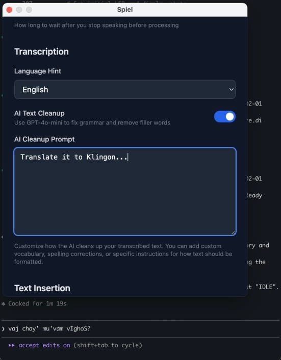 A screenshot of the Spiel app translating some text (that it first transcribed) into Klingon.