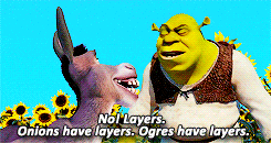 A GIF of Donkey and Shrek talking about layers in onions and Ogres.