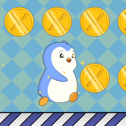 A GIF of a cartoon penguin surrounded by golden coins with X marks, like tokens, all tokens look the same.