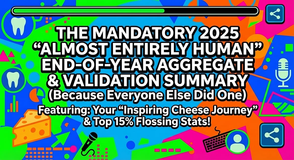 A chaotic neon "Wrapped" style graphic. Title reads: "THE MANDATORY 2025 'ALMOST ENTIRELY HUMAN' END-OF-YEAR AGGREGATE & VALIDATION SUMMARY".