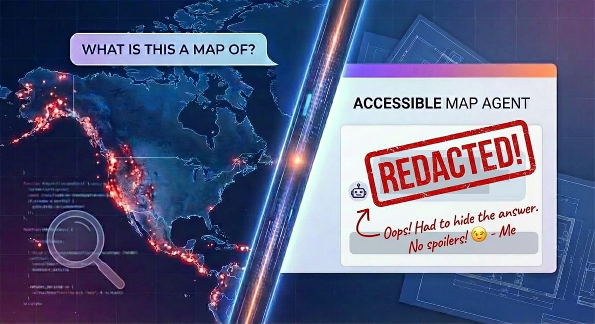 A split-panel headline image. On the left, a map of North America with red data points along the west coast is visible under a text bubble that asks, "WHAT IS THIS A MAP OF?"