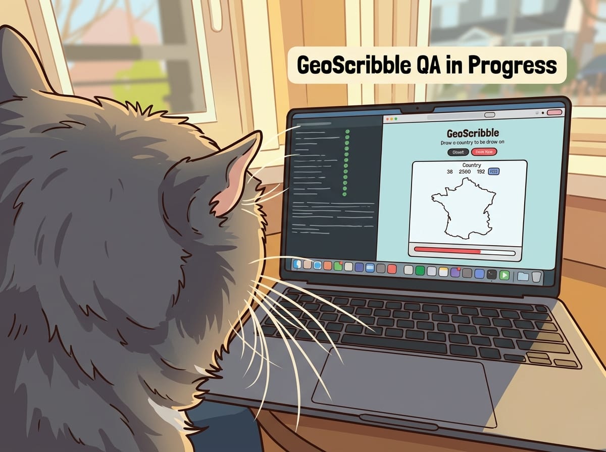 A cartoon illustration of a grey cat intently watching a laptop screen that displays the GeoScribble game showing a map of France, under a banner reading "GeoScribble QA in Progress."