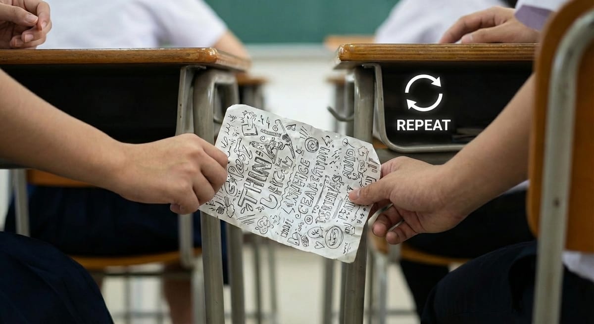 An image of two students sitting in desks passing a note full of writing. A repeat symbol is overlayed on top in the upper right corner.
