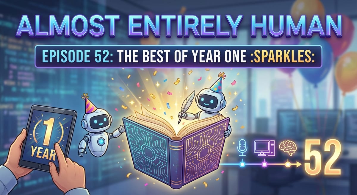 An AI generated image show Almost Entirely Human Episode 52: The best of year one :sparkles:. With some small robots writing a book.