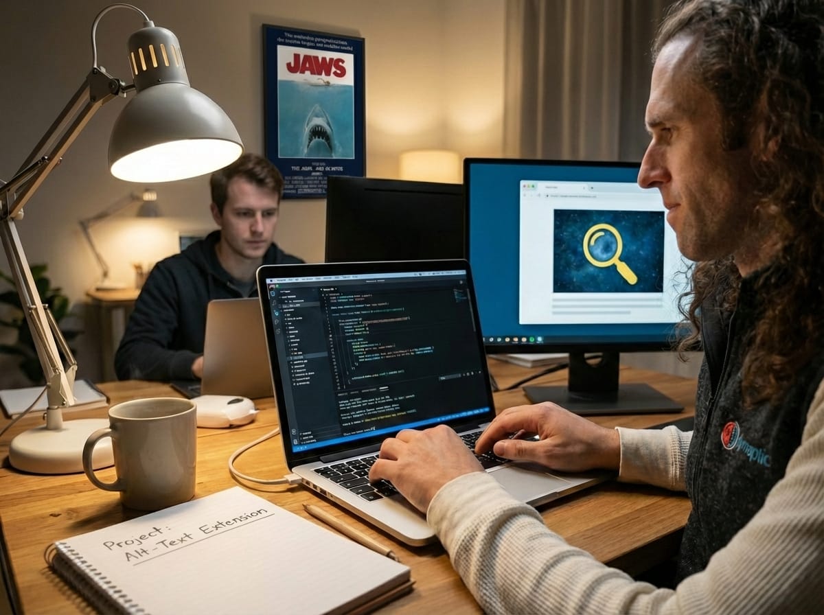 Two developers collaborate in a workspace, with one typing code on a laptop while another works at a monitor showing a magnifying glass icon interface