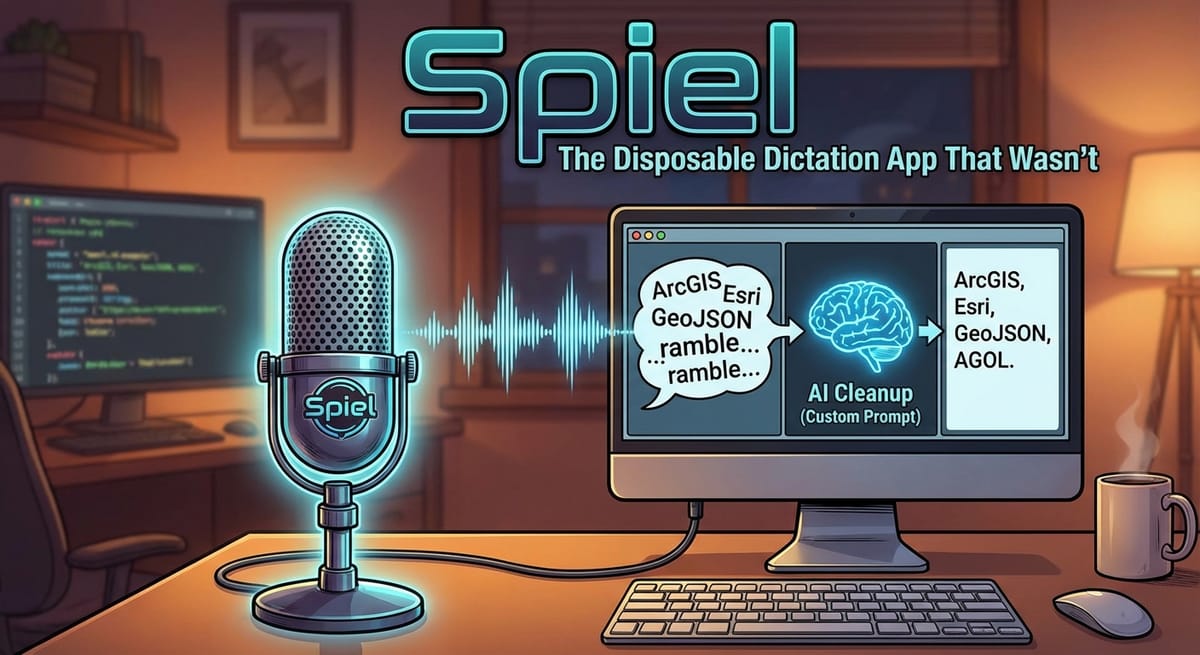 A cartoon showing a computer running the Spiel app, which uses AI to convert a jumbled speech bubble containing "ArcGIS, Esri, GeoJSON, ramble..." into a list.
