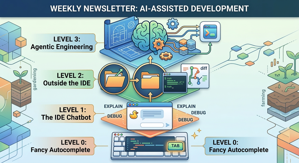 A stylized image showing the levels of AI Assisted Software Development. Level 0 - Level 3.