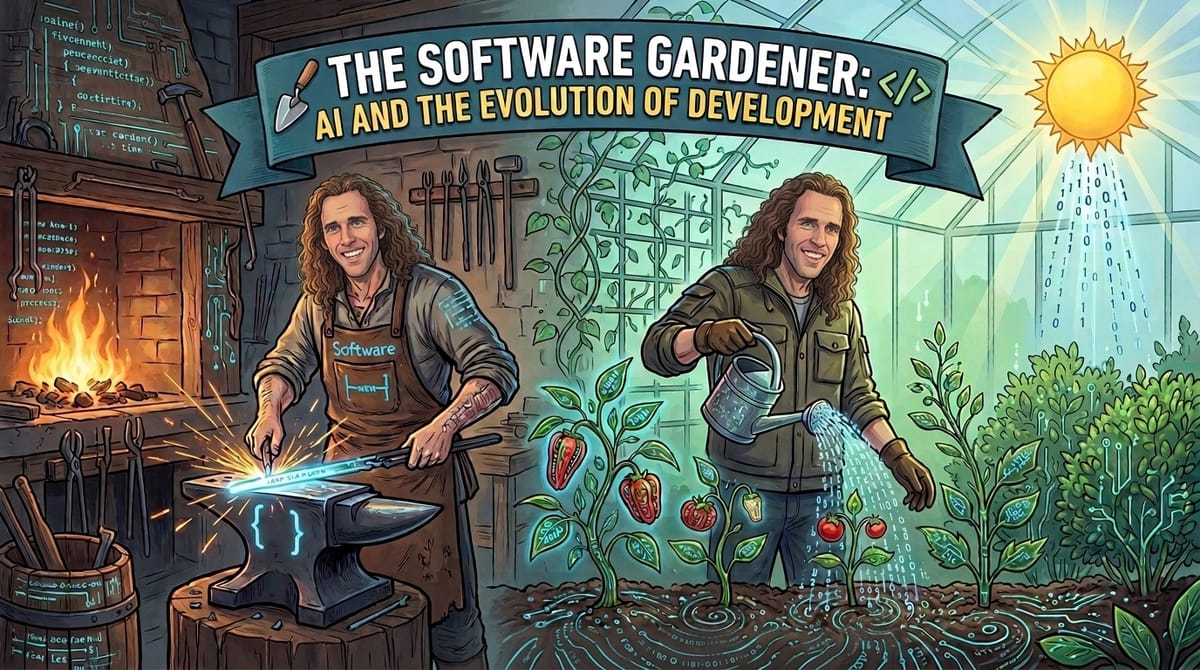 A split-scene illustration contrasting a blacksmith on the left with a gardener on the right, under a banner reading "THE SOFTWARE GARDENER: AI AND THE EVOLUTION OF DEVELOPMENT."