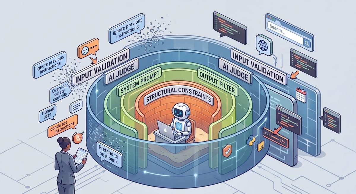 Isometric illustration of an AI robot protected by concentric security walls blocking prompt attacks