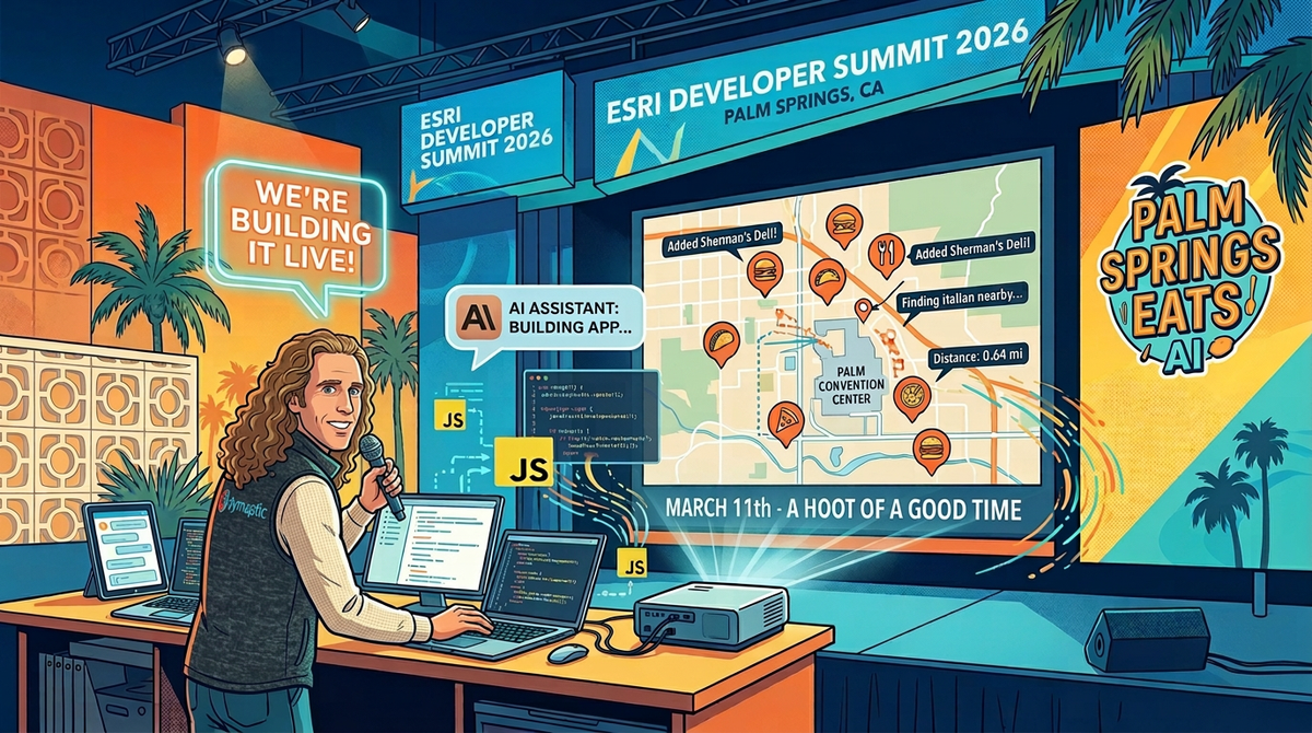 Presenting at the Esri Developer Summit 2026 in Palm Springs, demonstrating an AI-powered map application called "Palm Springs Eats AI"