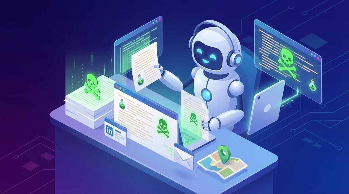 A humanoid robot that is white like Eve in the Wall-e movie, at a desk surrounded by papers and screens with various poison symbols on them.