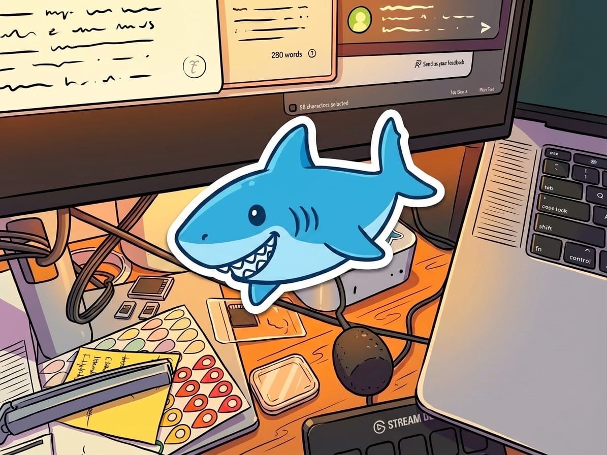 A friendly blue cartoon shark sticker sits on a desk next to laptops, symbolizing the JAWS AI agent in its home office workspace.